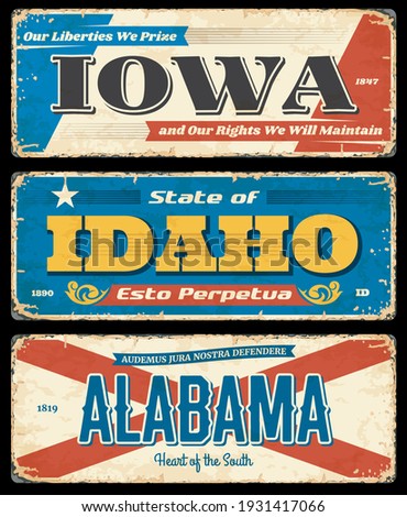 USA states rusty metal plates. Iowa, Idaho and Alabama worn and shabby road signs, grungy signpost or cards. United States of America states flags, vintage typography and rust texture frame vector