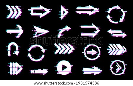 Arrows pointers vector icons, web navigation design elements with glitch effect. Play button, circle arrows and cursors with display malfunction, signal loss or glitched screen digital noise