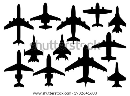 Civil passenger and military combat airplanes silhouettes. Airline modern airliner, private business jet and army air forces fighters or bombers, propeller cargo aircraft vector. Aviation aircraft