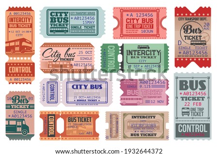 City bus ride retro tickets vector templates set. Passenger transportation department, intercity transport trip admission single ticket with bus, vintage typography and controller tear off perforation