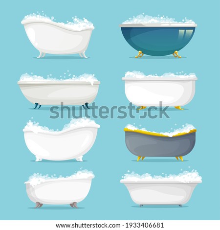 Classic freestanding bath with shampoo, soap foam set. Empty metal or ceramic retro bathtubs on gold, brass or copper clawfoots, filled with bubbles cartoon vector. Round, pedestal and slipper tubs