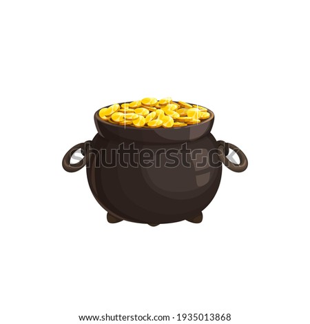 Iron pot with handles, cartoon cauldron full of coins isolated gold money of fortune and luck. Vector pot of golden coins, St. Patricks Day icon. Leprechaun treasury, Patricks Day holiday symbol