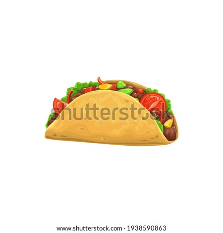 Taco, fast food icon, menu snack, Mexican cuisine sandwich, vector isolated. Fastfood restaurant and street food snack meals, taco tortilla with meat with vegetables, delivery of takeaway food