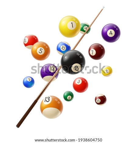 Billiard balls and cue 3d realistic vector. Various color billiard balls with digits flying in air, wooden cue isolated on white background. Snooker or pool club, sport competition equipment
