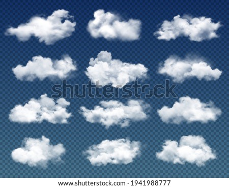 Clouds in cloudy sky realistic vector design on transparent background. Blue heaven with 3d white clouds, fluffy cumulus and rain fog, rainy weather, climate, meteorology and environment themes