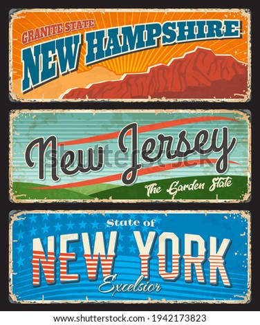 USA travel and tourism vector rusty metal signboards with New York, New Jersey and New Hampshire American states. Garden, granite and empire states of America, tin banners with stars and stripes flag