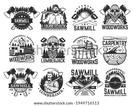 Lumberjack, sawmill lumbering service and logging wood vector icons. Lumber and forestry industry, logger woodwork bearded skull in hat. Woodcutter axe, saw and logging machine, tree logs and stumps