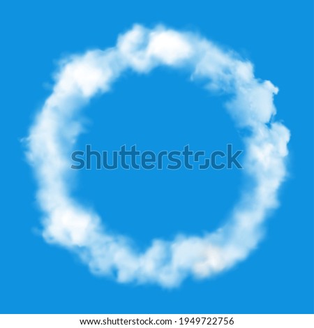 Clud circle frame or round of fluffy ring smoke in cloudy sky, vector blue realistic background. Summer sky with white light fog, sunny day weather and air fluffy smog or smoke ring steam