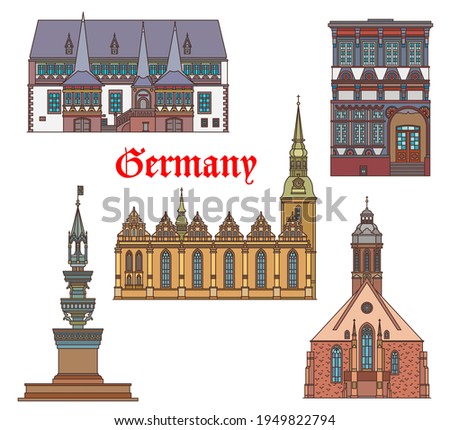 Germany landmarks architecture cathedral, church and German city buildings, vector. St Jakobus Kirche in Einbeck, Marienbrunnen fountain in Braunschweig, Ratswaage and Hauptkirche Maria Virgin church