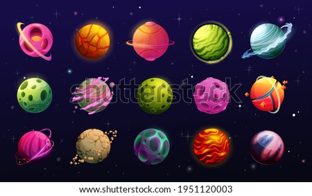 Space planets, cartoon fantasy alien galaxy. Game, ui or gui interface elements. Fantastic world universe planets, asteroids and halo on orbits, craters, rings and magma on sky with stars, meteors