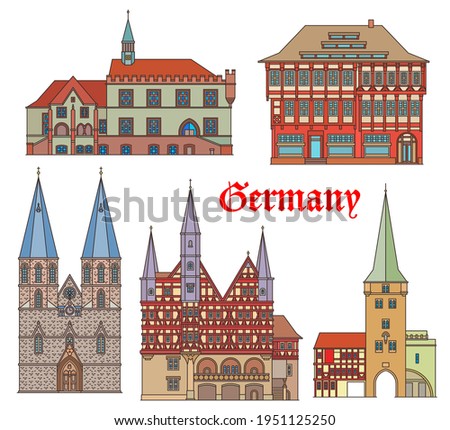 Germany landmarks architecture, buildings and cathedral, vector German fachwerk houses. St Cyriacus kirche church, Westerturm in Duderstadt city, rathaus in Gottingen and Rats Apotheke of Einbeck