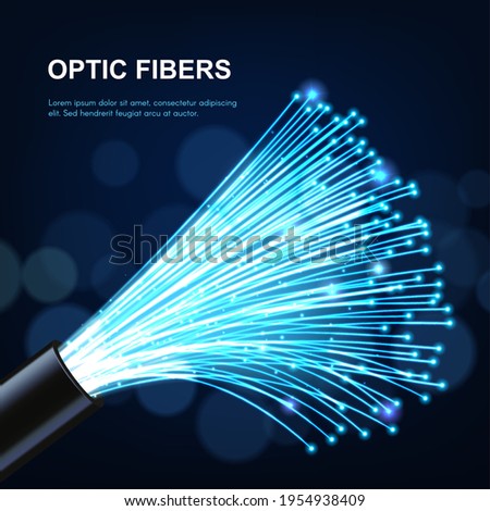 Glowing optical fiber cable or wire realistic vector, fibre optics future technologies. Speed internet connection, network communication and telecommunication, multimedia, digital data bandwidth