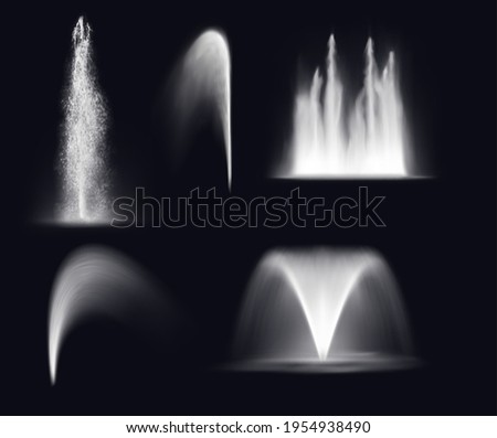 Fountain water jets and splashes, isolated realistic 3d vector waterfall and stream spray. Fountain water jets silhouettes, dancing fountain cascade or geyser and spring eruption