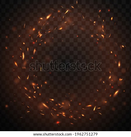 Round fire sparks frame with burning bonfire embers, vector glowing flame particles. Realistic 3d blaze fire sparks flying in air. Firestorm inferno, balefire border isolated on transparent background