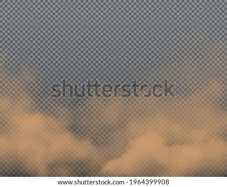 Brown dust, sand or dirt vector clouds on transparent background. Realistic road dust, sand wind of dessert storm, car smoke, dirty air with flying earth powder and dry mud particles backdrop design