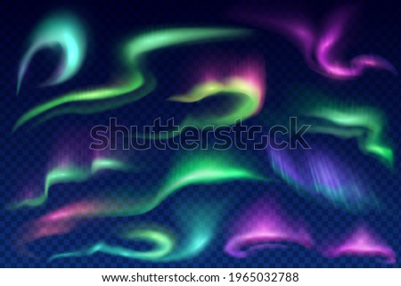 Northern, polar and aurora borealis vector lights on transparent background. Realistic 3d auroras with bright glowing swirls of green, purple and blue northern or polar lights, Arctic luminescence