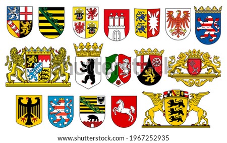 Coat of arms of German states heraldic icons of vector German heraldry. German federal state emblems with flags, lion, bear and deer, eagle, horse, crown and griffin, castle tower and key on shields
