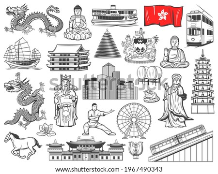 Hong Kong landmarks, touristic attractions and religion vector icons. Hong Kong city flag, coat of arms and dragon, Buddha, sea goddess and tram, ferris wheel, bauhinia and pagoda, Buddhist temple