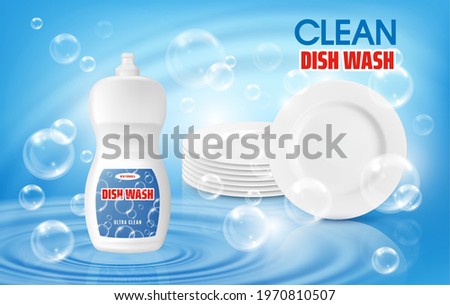 Dish wash liquid soap and clean plates 3d vector ad poster with plastic detergent bottle stand on water surface with circles and air bubbles flying on blue background. Dishwasher advertising promo
