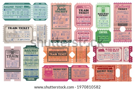 Railway and train retro tickets, admits vector templates set. Intercity train trip admission, railway station paper tickets with old locomotives wagons, vintage typography and controller perforation