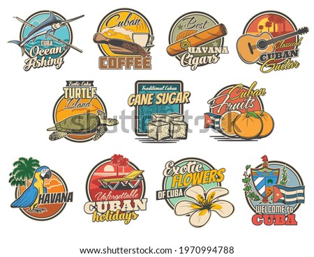 Cuba and havana travel, tourist attractions and food retro icons set. Ocean fishing, coffee and havana cigars, classical guitar, boat trips and turtle island tours, zoo, Columbus museum and food badge