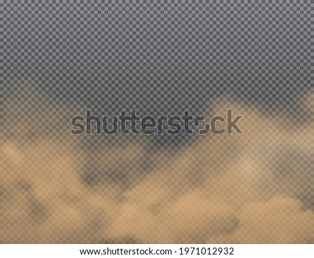 Dust, sand or dirt clouds on transparent background. Realistic vector brown clouds of road dust, car smoke, desert sandstorm wind, earth powder particles backdrop of air pollution, environment design