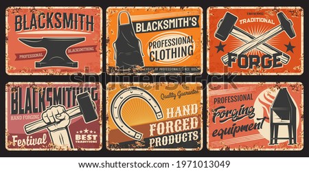 Blacksmith steel forging and iron works, metal plates rusty and vector retro posters. Blacksmithing workshop, foundry anvil and hammer in hand, hand forged products and equipment tools