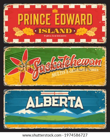 Prince Edward Island, Saskatchewan and Alberta Canadian provinces and regions. Vector plates with flags of Canada provinces, prairie lily, oak tree leaves, Rocky mountains and white red cross