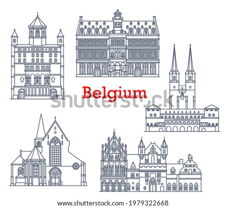 Belgium travel landmarks, architecture buildings, vector Belgian sightseeing icons. Church of St Gertrude in Nivelles and St John in Mechelen, Belgium town hall Stadhuis in Mechlin and Hal city