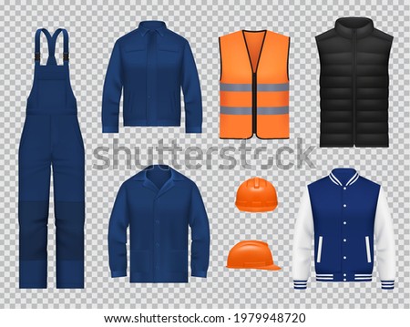 Construction workers clothing, uniform mockups. Realistic vector blue overalls pants, heated black and safety reflective vest, jacket, hard hat helmet. Engineer, mechanic or builder apparel, work wear