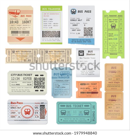 Bus tickets, city passenger transport plastic card and transfer payment receipt document. Bus excursion, city tours vector admit one ticket or pass with tear off perforation, bus pictogram and barcode