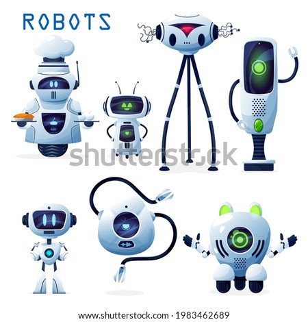 Ai robot cartoon characters with vector white robotic machines, modern toys, artificial intelligence androids and future technology cyborgs. Cute humanoid droids and computer bots with manipulators