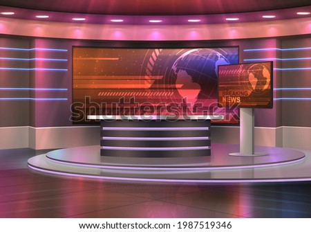 Breaking news television studio realistic vector interior. TV show, news broadcasting room with pedestal or podium, desk and big displays, screens with world globe. Modern media, journalism background