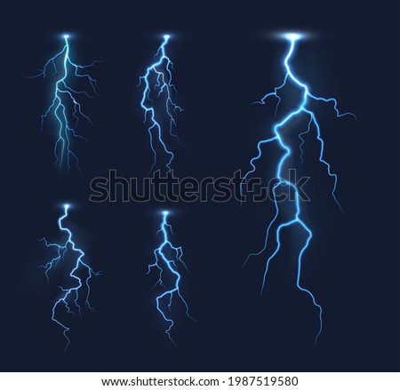 Lightning thunderbolts, thunderstorm bolt vector light effects. Rainstorm electric discharge, lightning strike or energy flash with bright, glowing blue light flares in night sky