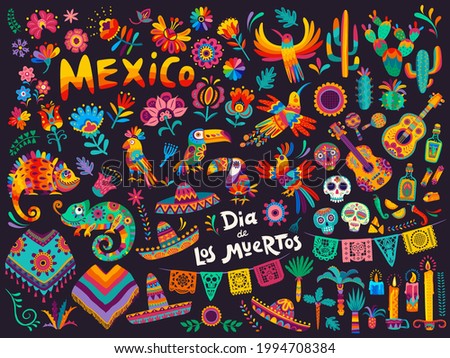 Mexican cartoon symbols of vector Dia de los Muertos or Day of Dead holiday background. Mexico Halloween sugar skulls, fiesta party sombrero hats and guitar, marigold flowers, altar and cactuses