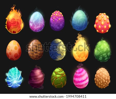 Cartoon dinosaur eggs vector set. Dragon eggs with colorful textured shell burning fire, pimpled, glowing scales and power energy lightnings or spiral pattern. Magic ui game isolated graphic objects