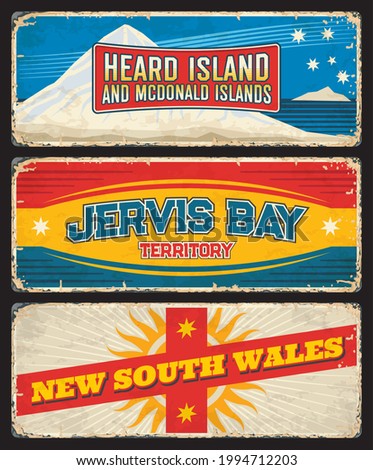 New South Wales, Jervis Bay Territory, Heard and McDonald Islands, Australian state vintage plates. Vector flag, coat of arms sun symbol, Mawson peak and Gotley glacier, Australia travel old tin signs