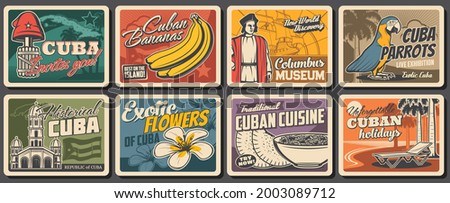 Cuban travel, food, nature and culture vector design. Retro posters with Havana beach palms, Caribbean Sea and tropical parrot, flag and map of Cuba, Havana capitol, mariposa, liberty cap and banana