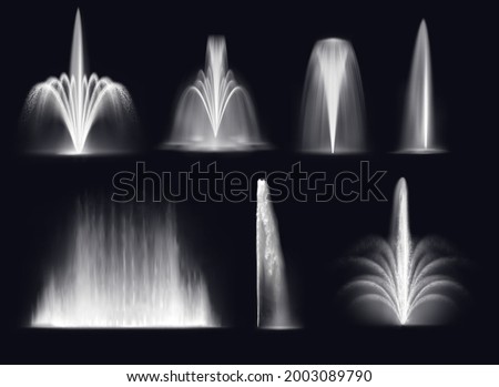 Spouting fountains jets or water geysers eruptions splashes. Realistic vector park or garden, illuminated and glowing in darkness fountains high sprays, water jets and wall streams set