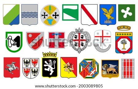 Italian regions heraldry, Italy provinces coat of arms. Abruzzo, Basilicata and Calabria vector blazon, Emilia-Romagna, Friuli-Venezia Giulia, Lazio and Liguria, Lombardia, Marche and Molise, Piemonte