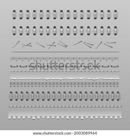 Stitches, notebook spiral binding and stapler pins, divider realistic vector mockups. Wire rings, binders, silver metal springs and torn pages of notebook or notepad, connecting stitches and seams