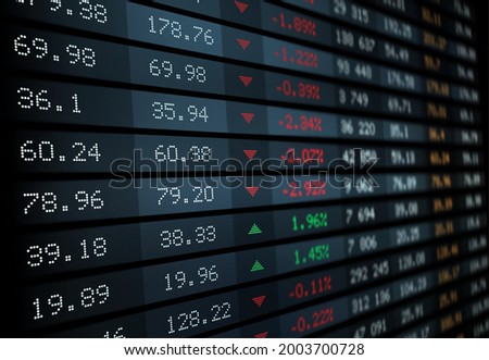 Stock exchange board with market index, vector graphs and charts. Stock market ticker display or screen indicators with financial trade prices, share volume and change direction, finance and business