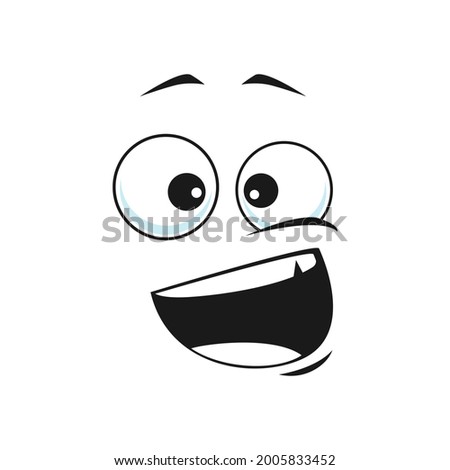 Happy smiling emoji with big eyes and broad open mouth isolated. Vector grinning smiley showing teeth, cheerful face with broad smile. Laughing and joking emoticon, naughty face expression