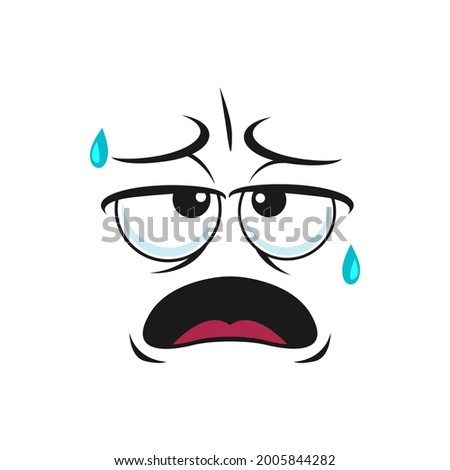 Tired emoticon, no energy avatar with tongue in mouth isolated character. Vector burnout emoticon, exhausted face expression after workout, face with drops of sweat. Fatigue comic smiley head