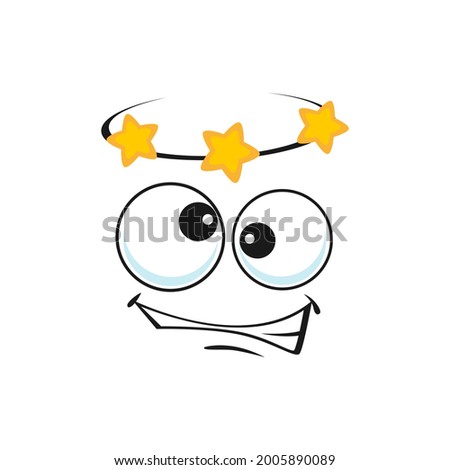Cartoon dizzy face, vector dizziness emoji with stars over head and slanting eyes, vertigo funny facial expression. Human feelings, comic character emotion isolated on white background