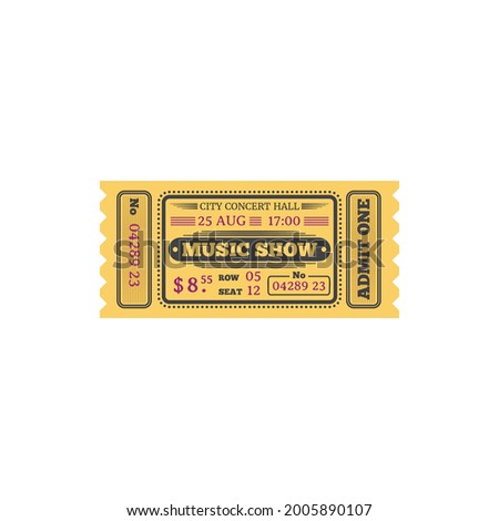 Ticket to music show in central music hall isolated retro card. Vector admit one on live music play on stage, performance with orchestra music in city hall. Vintage retro card on virtuoso show