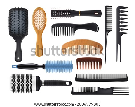 Hairbrushes and combs realistic vector set. Isolated hair brushes, barber and hairdresser tools. Plastic, metal and wooden hair care or hairstyle salon accessories, 3d paddle and round hairbrushes