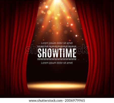 Stage with red curtains, theater scene vector background with spotlight illumination and sparkles. Showtime poster for performance, music show or concert with realistic 3d red curtains and light glow
