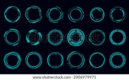 HUD round frames and borders, aim control and digital interface, vector. HUD technology and future tech game, target borders and hologram frames, user data UI display buttons and radars