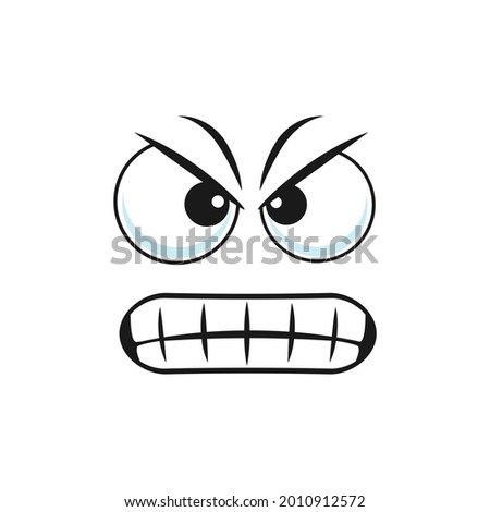 Angry face grumpy sullen emoji, ireful or rageful smiley facial expression isolated icon. Vector wrathy sad emoticon with unkind vicious smile, bad character. Wicked emoticon with toothed smile